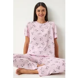 Happiness İstanbul Women's Light Pink Patterned Viscose Trousers T-Shirt Pajama Set