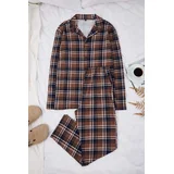 muški set Brown Regular Fit Plaid Checked Shirt-Pants Knitted Pajama Set Tmnaw26Pt00014, braon-braon