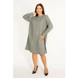 Şans Women's Plus Size Gray Checkered Side Stripe Detailed Dress