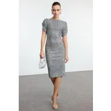 Trendyol Silver Body-Styling Glitter Knitted Sequin Elegant Evening Dress