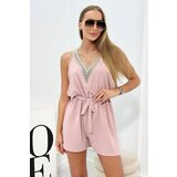 Kesi Short jumpsuit with decorative lace powder pink Cene