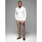 Ombre Men's horizontal striped polo longsleeve with viscose - white and beige | Eponuda.ba