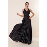 By Saygı Waist And Decollete Lined Pleated Long Satin Dress Black Cene