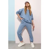 Trend Alaçatı Stili Women's Sky Blue Crew Neck Waist and Elastic Two Thread Basic Tracksuit Set