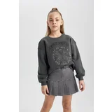 Defacto Girl's Printed Crew Neck Thick Sweatshirt