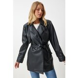  Women's Black Faux Leather Double Breasted Collar Short Trench Coat | Eponuda.ba