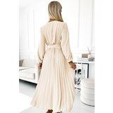 numoco basic 504-7 VIVIANA Pleated midi dress with scoop neckline, long sleeves and wide belt - light beige | shoptok.hr