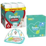 Pampers Pelene Pants 6, Monthly, 15+kg, 132/1+ Vlažne maramice Fresh clean, 15x80 komada+Bright Starts Podloga za bebe Safari, 20 melodija, Tirkizna Cene