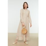 Trendyol Beige Check Crew Neck Ruffle Detailed Woven Dress | ePonuda.com