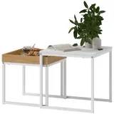Moderna klubska mizica, set 2 mizic za dnevno sobo, bela, kvadratna oblika, MDF in kovinski okvir, za manjše prostore, (5000493340)