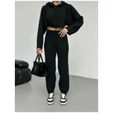 Laluvia Black Hooded Knitted Crop Knitwear Suit with Elastic Waist Legs