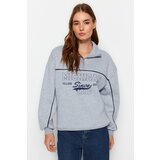 Trendyol Gray Zipper Printed Oversized Thick Fleece Inside Knitted Sweatshirt Cene