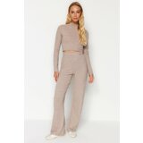 Trendyol Beige Stand-Up Collar, Soft Crop and Wide Leg/Wide Leg Knitted Top and Bottom Set Cene
