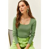 Olalook Women's Almond Green Square Neck Thick Ribbed Knitwear Blouse Cene