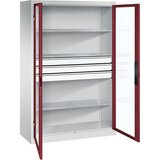 C+P Omara s krilnimi vrati z akrilnim steklom, VxŠxG 1950 x 1200 x 500 mm, 3 police, 3 predali, svetlo sive / rubinasto rdeče barve | Shoptok.si