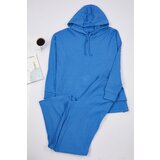 Trendyol Blue Cotton Hooded Ribbed Knitted Pajama Set Cene