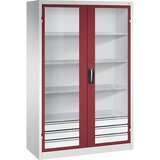 C+P Omara s krilnimi vrati z akrilnim steklom, VxŠxG 1950 x 1200 x 500 mm, 4 police, 3 predali, svetlo sive / rubinasto rdeče barve | Shoptok.si