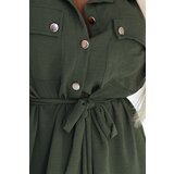 numoco basic 531-5 Midi Shirt Dress with Gold Buttons and Tie - KHAKI | Shoptok.si