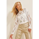 Trend Alaçatı Stili Women's White Crewneck Patterned Crop Knitwear Blouse