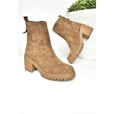 Fox Shoes R654006502 Tan Genuine Leather and Suede Women's Boots with Thick Heels Cene