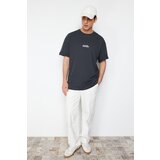 Trendyol Anthracite Men's Oversize/Wide-Fit Fluffy Text Print Short Sleeve 100% Cotton T-Shirt Cene