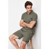 Trendyol Khaki Men's Regular/Normal Fit Polo Neck Labeled T-Shirt Shorts Tracksuit Set cene