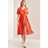 Bianco Lucci Women's Front Buttoned Waist Belted Floral Patterned Dress