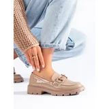 SHELOVET Lacquered beige loafers with gold buckle