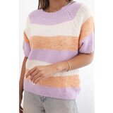 Kesi Włoski Women's striped short-sleeve sweater made of wool apricot + purple | shoptok.hr