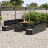 vidaXL 11-delni vrtni kavč set z blazinami črni poli ratan akacija | Shoptok.si