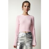 Happiness İstanbul women's light pink ribbed crop knitwear sweater Cene