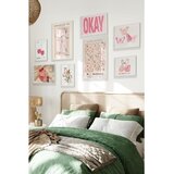 Wallxpert set od 8 uramljenih slika Çgs-016, roze motivi – balerina, matisse cvetni plakat, leptiri, flamingosi i natpis okay, beli ram u