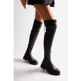 Shoeberry Women's Margot Black Thick Sole Long Stretch Elastic Boots Black Skin Cene