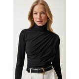  Women's Black Shirred Detail Standing Collar Sandy Blouse | ePonuda.com
