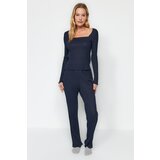 Trendyol Navy Blue Square Collar Lettuce Detailed Camisole Tshirt-Pants Knitted Pajamas Set | Shoptok.si