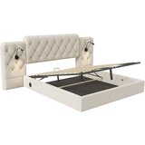 Lumor Dvoposteljna postelja 160x200 cm - visok vzglavnik, USB, pisarniška svetilka in veliko shranjevanje - bež, (22151119) | Shoptok.si