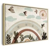  Slika - Rainbow and Sun Above - Birds in Subdued Colors Flying Among Clouds Above a Rainbow and Various Plants on a Light Backgr | shoptok.hr