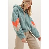 Trend Alaçatı Stili Women's Mint Hoodie with Zippered Sleeves Color Block Oversized Plush Sweatshirt Cene