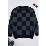 Trendyol Navy Blue FL Men's Oversize Crew Neck Plaid / Checkered Knitwear Sweater