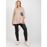 Fashion Hunters Plus size light beige cotton blouse with a printed design | Shoptok.si