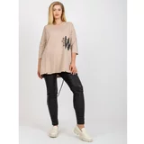 Fashion Hunters Plus size light beige cotton blouse with a printed design