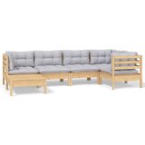 The Living Store Vrtna sedežna garnitura 6-delna s sivimi blazinami borovina - Vrtna Sedežna Garnitura, (21421918) | Shoptok.si