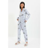 Trendyol Blue Panda Patterned Knitted Pajamas Set Cene