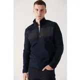 Avva Men's Navy Blue Zippered Stand Collar Parachute Fabric Detailed Standard Fit Regular Cut Fleece Sweatshirt