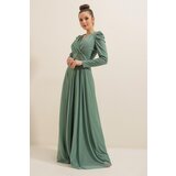 By Saygı Lace Neck Shoulder Pleated Lined Glittery Long Dress | Shoptok.si
