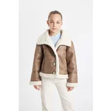 Defacto Girl's Water Repellent Large Collar Plush Lining Coat