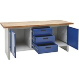 eurokraft basic Delovna miza z zaprtimi stranicami, 3 predali, 2 vrat, širina 2000 mm, svetlo sive / encijan modre barve | Shoptok.si