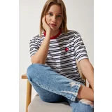  Women's White Crew Neck Striped Knitted T-Shirt