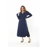Şans Women's Plus Size Navy Blue Kiss Collar Long Sleeve Dress