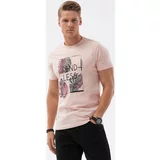 Ombre Majice s kratkimi rokavi T-shirt męski bawełniany z nadrukiem - jasnoróżowa V2 S1741 pisana
